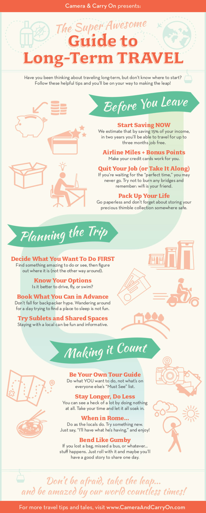 Super Awesome Guide to Long Term Travel — Our easy to follow infographic on how to make the dream of long term travel a reality, with tips for before, planning, and making it count! #infographic #travel #guide #longterm #tip #resource - large infographic | CameraAndCarryOn.com